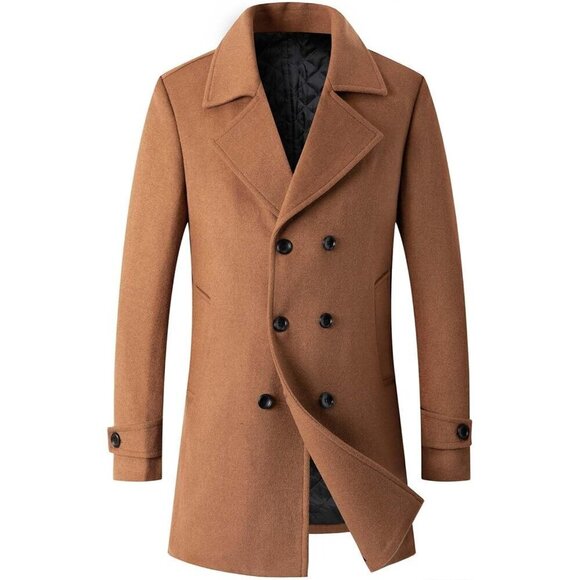 Men's Brown Winter Coat Wool Casual Double Breasted Long Pea Topcoat - Picture 1 of 3